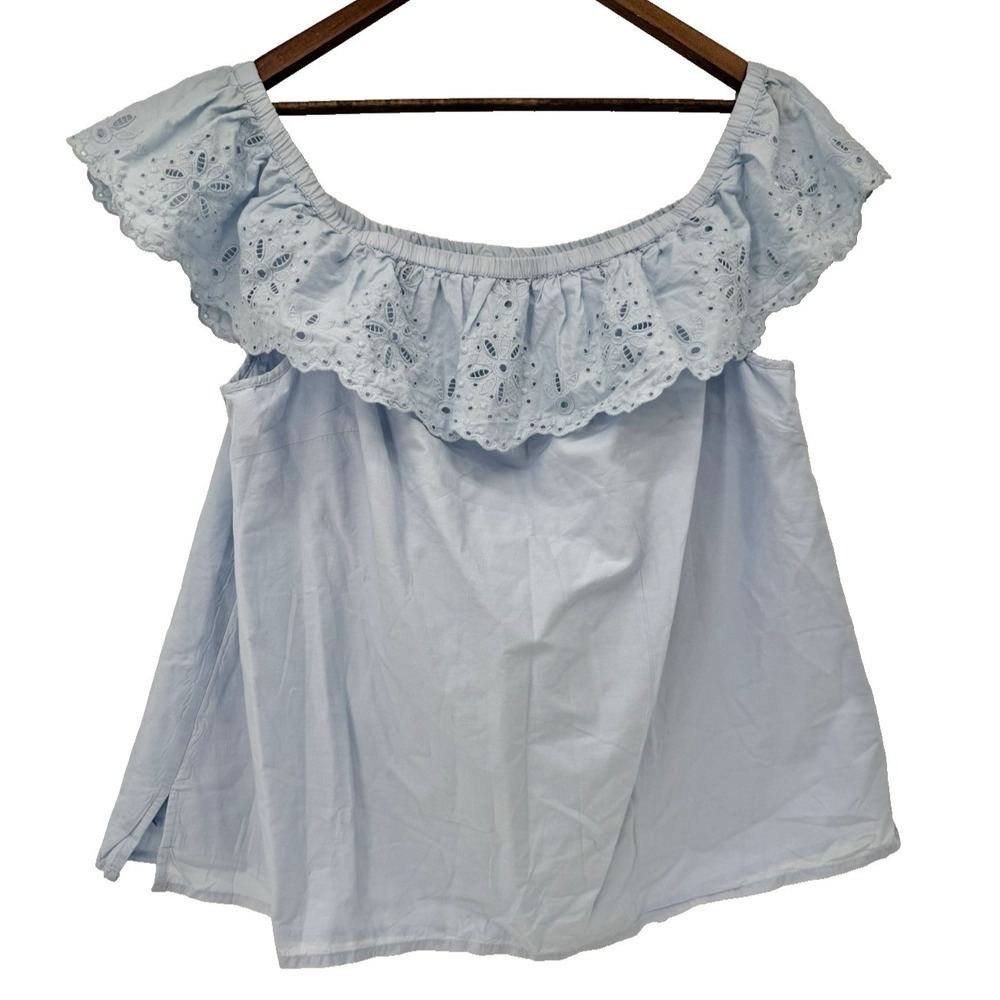 Lane Bryant Blouse Light Blue Eyelet Off the Shoulder Peasant Cottagecore ruffle